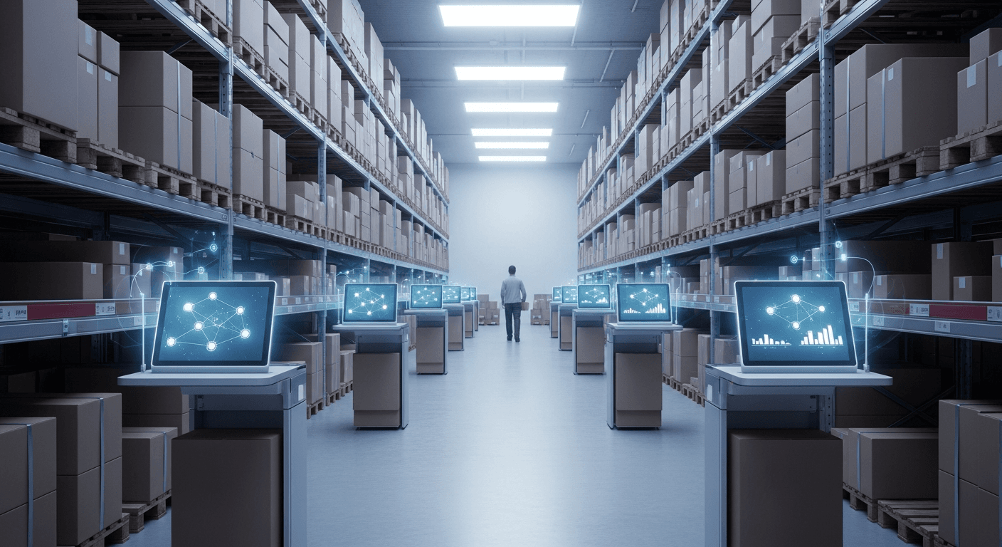 Modernes Großhandelslager mit mehreren KI-Stationen entlang eines Regalgangs, die parallel autonome Agenten darstellen