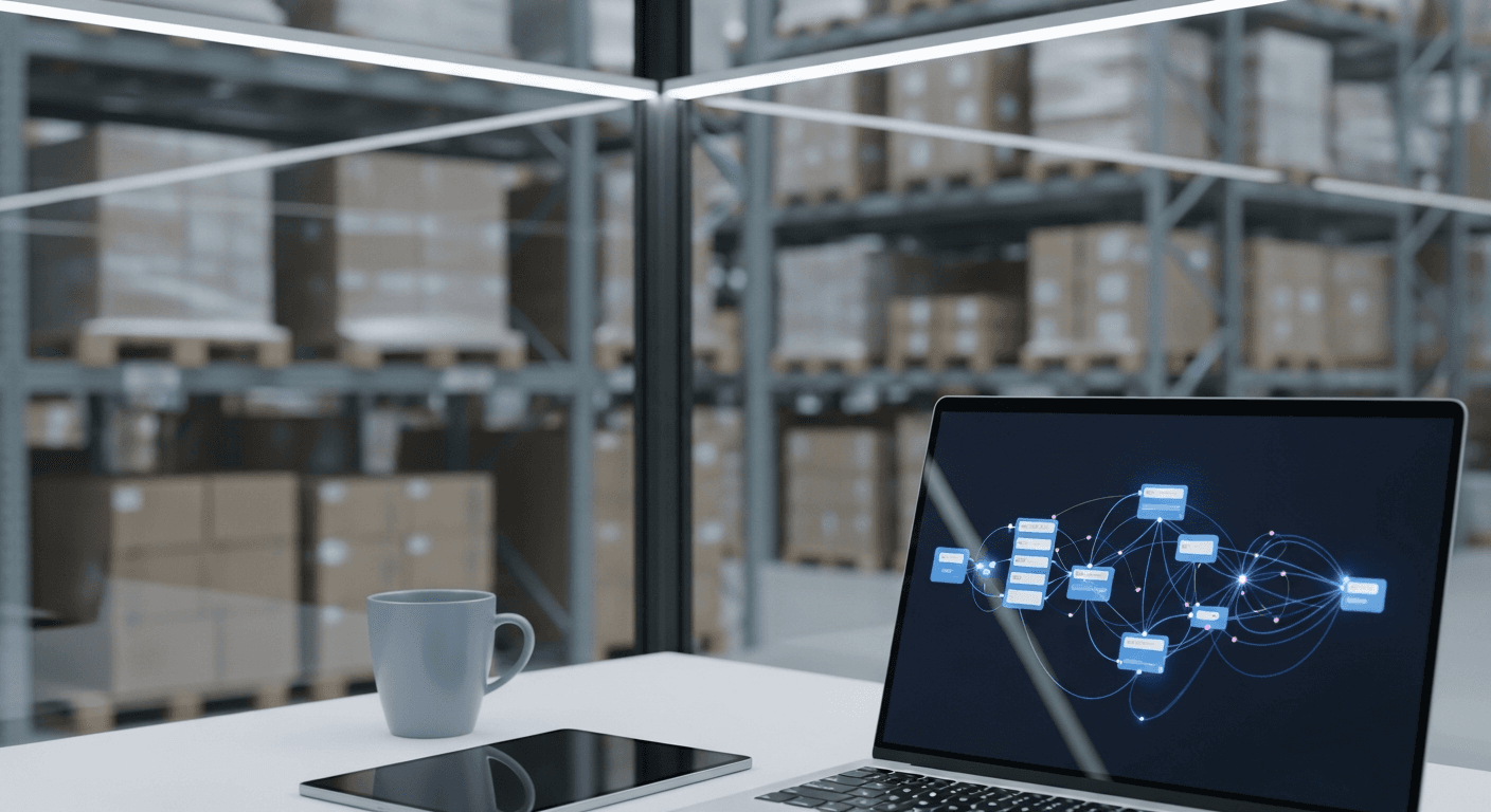 Laptop mit abstraktem Workflow-Diagramm auf dem Bildschirm in einem Büro direkt am Lager, symbolisiert die technische Umsetzung mit n8n
