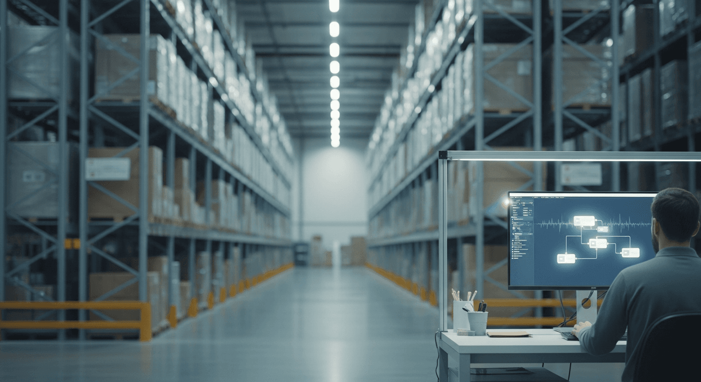 Einzelne ruhige Arbeitsstation am Rande eines Großhandelslagers mit Monitor, der einen ersten Pilot-Workflow zeigt