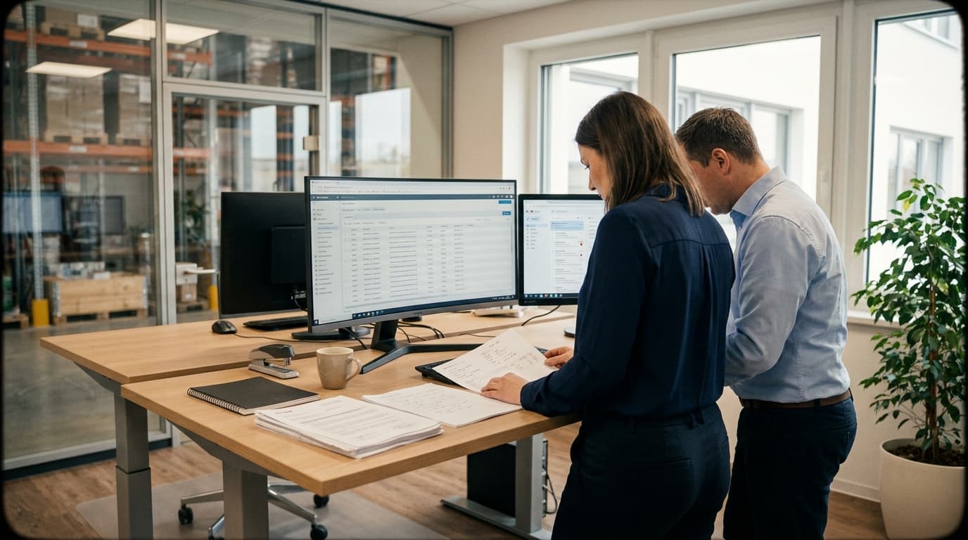 Innendienst eines deutschen Großhändlers vor offener ERP-Auftragsmaske und überquellendem E-Mail-Postfach mit Bestellungen