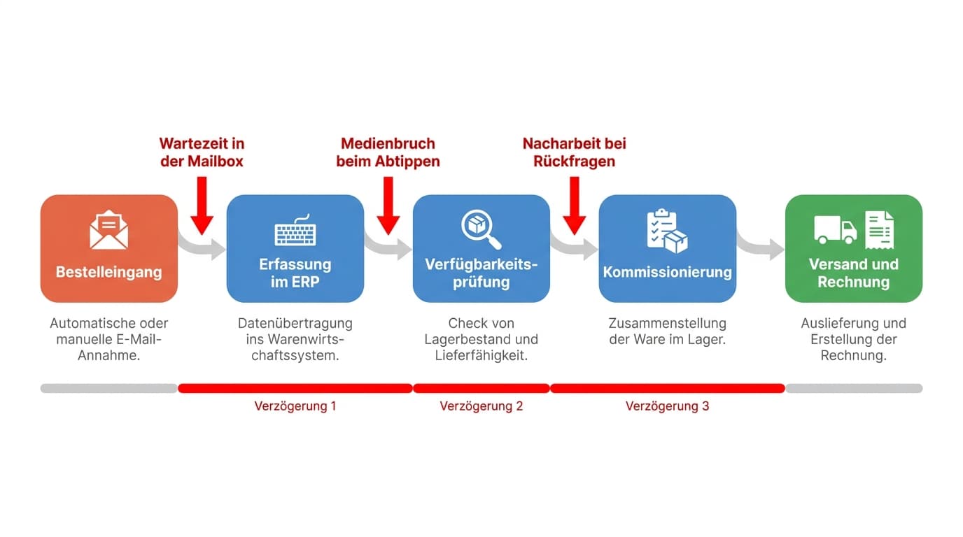 Auftragsprozess von Bestelleingang bis Versand mit drei markierten Engpässen: Wartezeit in der Mailbox, Medienbruch beim Abtippen und Nacharbeit bei Rückfragen