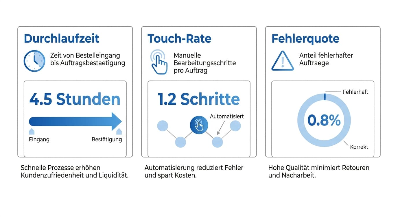 Drei KPI-Boxen für die Auftragsabwicklung: Durchlaufzeit, Touch-Rate und Fehlerquote mit jeweils kurzer Erklärung