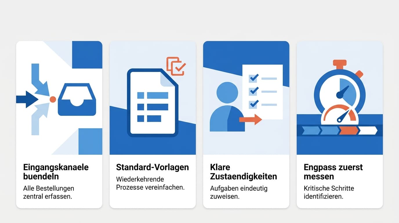 Vier Quick-Win-Karten für die ersten 30 Tage: Eingangskanäle bündeln, Standard-Vorlagen, klare Zuständigkeiten und Engpass zuerst messen