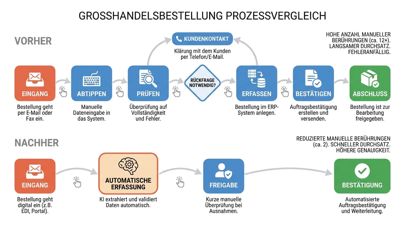 Vorher-Nachher-Vergleich desselben Auftragsprozesses: viele manuelle Touches im Vorher-Zustand, wenige im optimierten Nachher-Zustand