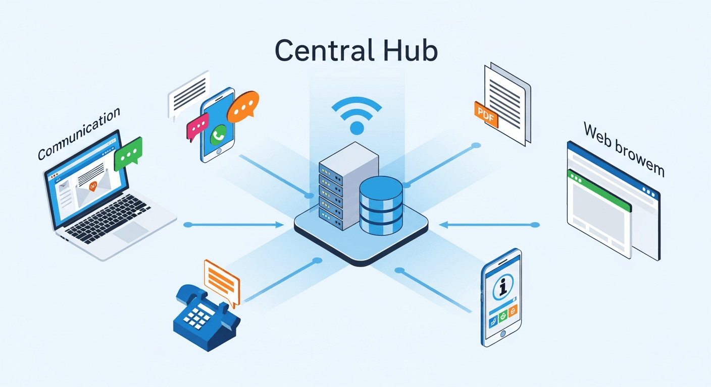 Architekturdiagramm: Eingangskanäle (E-Mail, Telefon, WhatsApp, Webshop, Fax, EDI) → n8n Core-Systeme (ERP, CRM) → Ausgangskanäle (PDF, WhatsApp, Kundenportal)