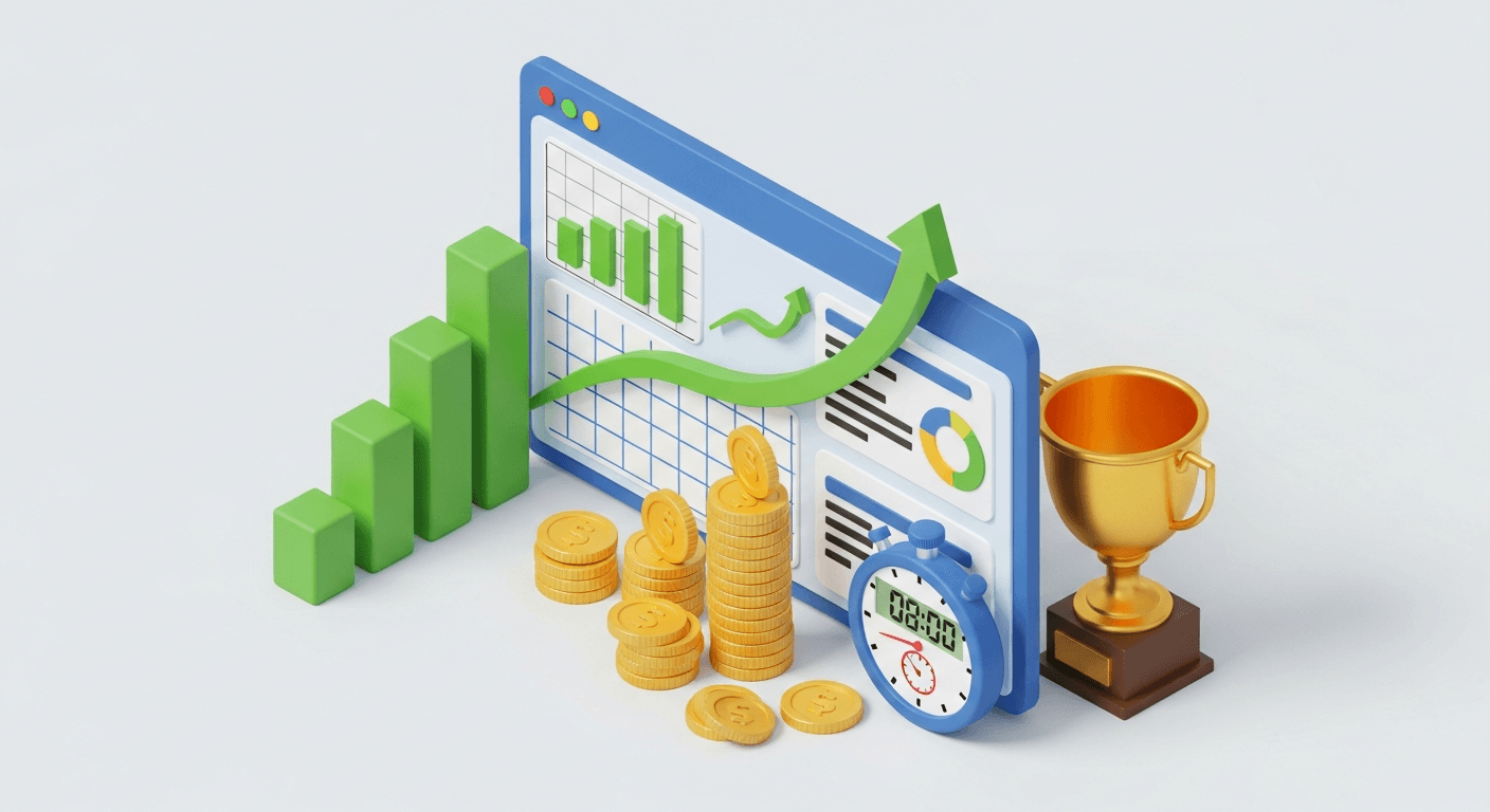 Dashboard-Mockup: Quote Cycle Time 45min → 2min, Fehlerrate 10% → 2%, Win Rate +35%, Angebote/Tag 3× mehr