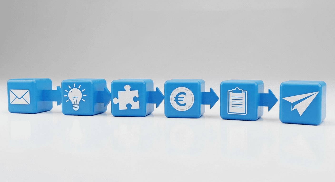 6-Schritte-Pipeline: Anfrage empfangen, KI-Extraktion, Artikel-Matching, Preis & Verfügbarkeit, Angebot generieren, Versand