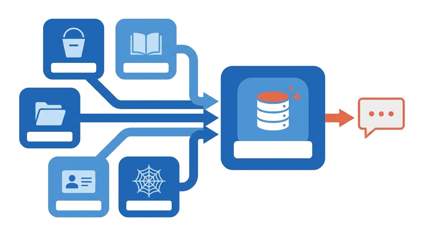 Anbindbare Datenquellen einer Bedrock Knowledge Base: Objektspeicher, Wiki, Dokumentablage, CRM und Web Crawler fließen in eine zentrale Wissensbasis