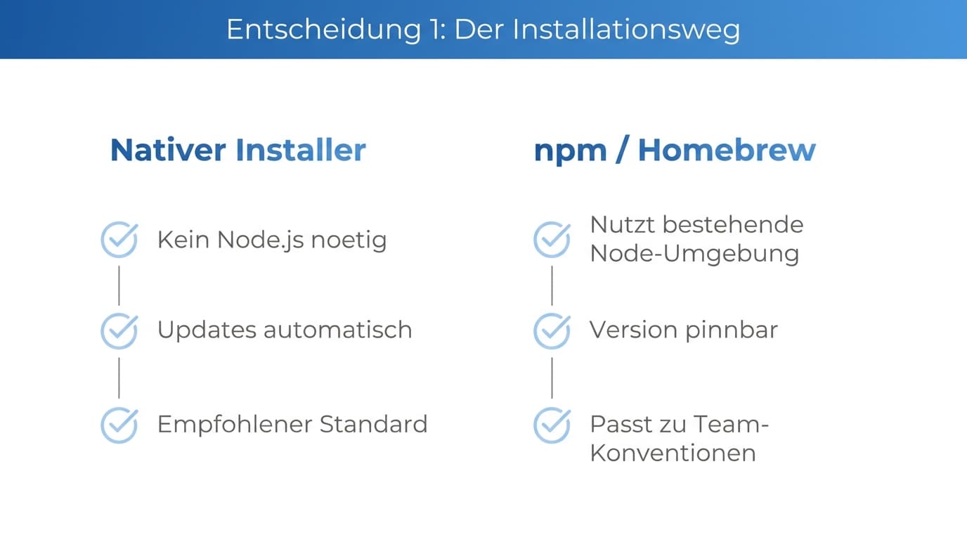 Vergleich der Installationswege: nativer Installer gegen npm und Homebrew