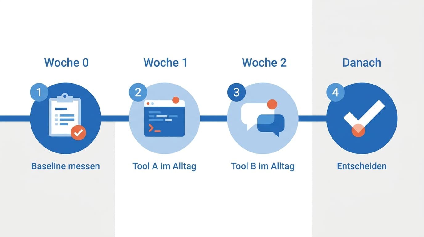Vier-Schritte-Zeitstrahl: Woche 0 Baseline messen, Woche 1 Tool A im Alltag, Woche 2 Tool B im Alltag, danach entscheiden