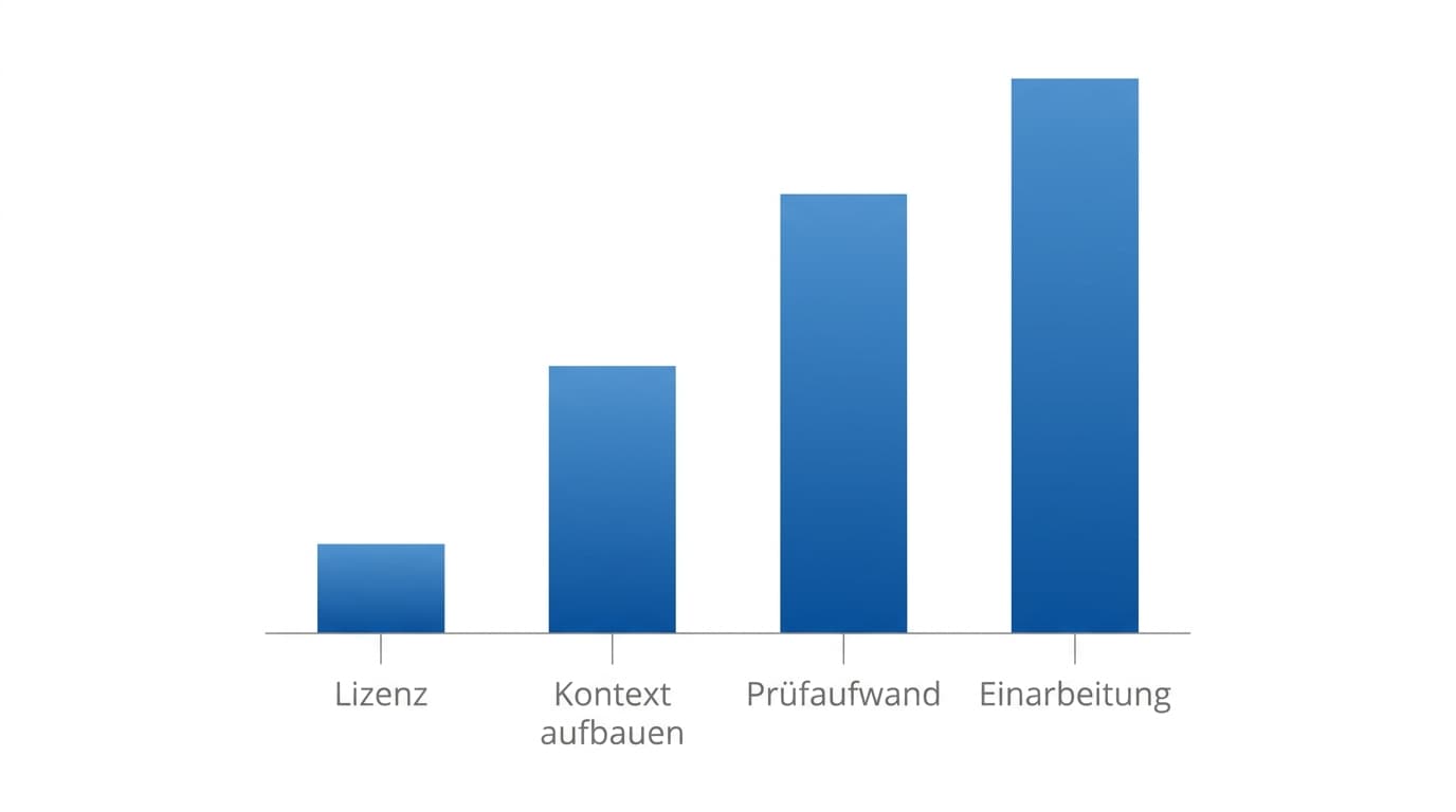 Aufstellung der Einführungskosten in vier Blöcken: Lizenz, Einarbeitungszeit, Aufbau von Regeln und Kontext sowie Prüfaufwand im Review, mit der Lizenz als kleinstem Block