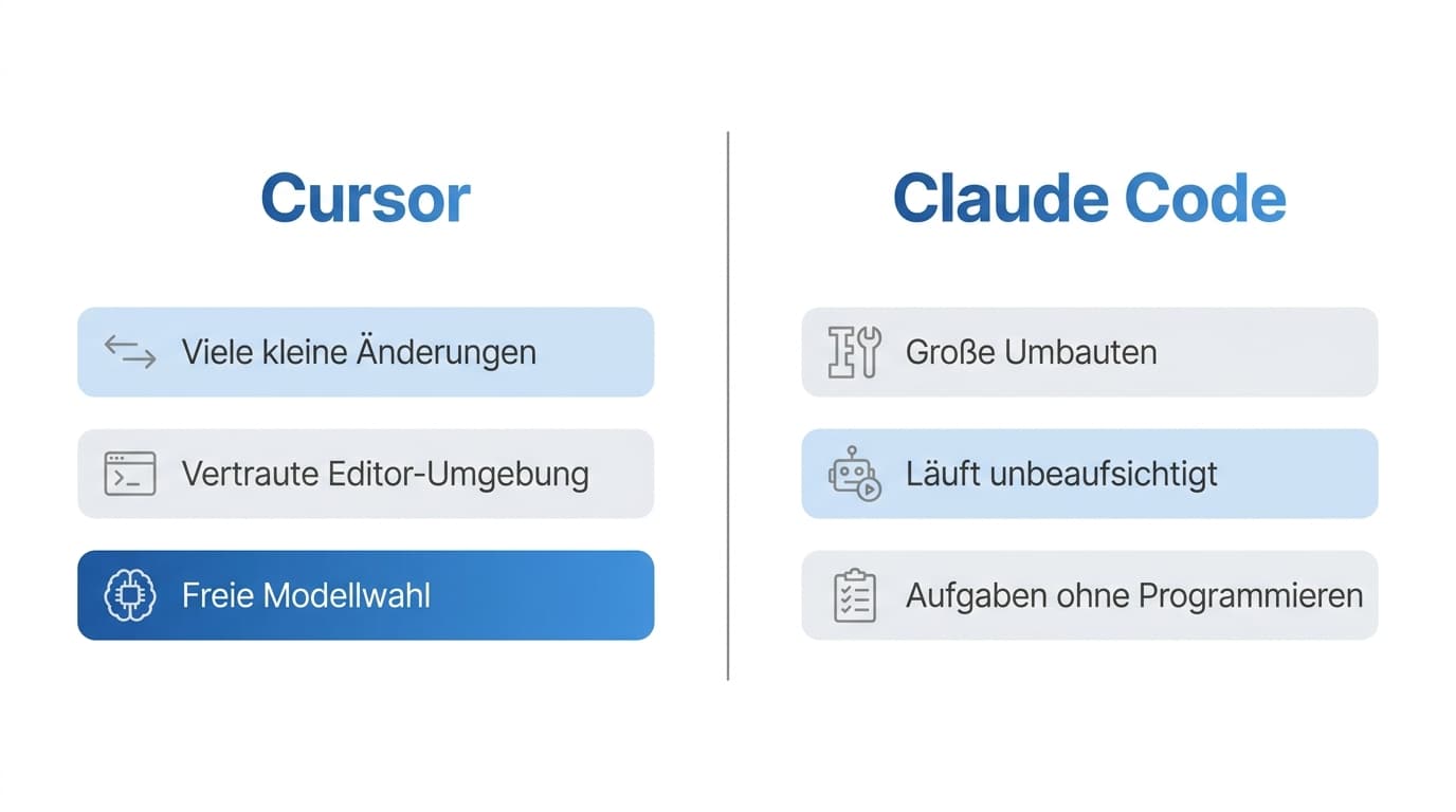 Zwei Spalten mit typischen Einsatzfällen: links Cursor mit kleinteiligen Änderungen, vertrautem Editor und freier Modellwahl, rechts Claude Code mit großen zusammenhängenden Umbauten, unbeaufsichtigten Läufen und Aufgaben ohne Programmierung