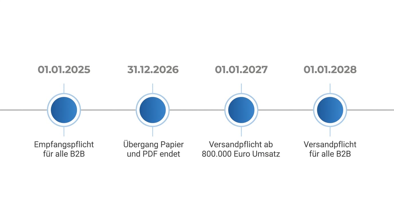 Zeitleiste der E-Rechnungspflicht in Deutschland mit den Stufen 2025, 2027 und 2028