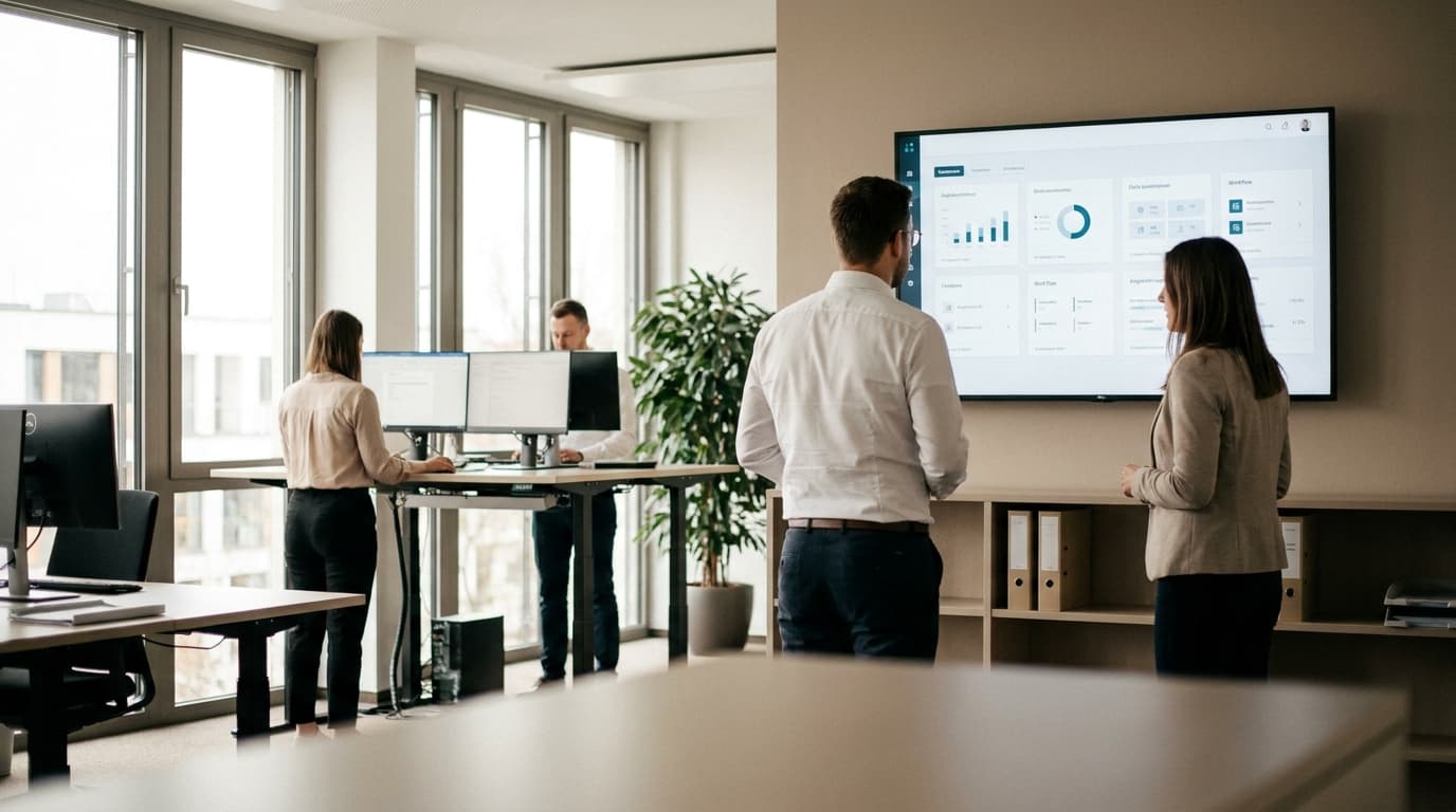 Team einer modernen Steuerkanzlei arbeitet im papierlosen, digitalisierten Büro an Dashboards und digitalen Workflows
