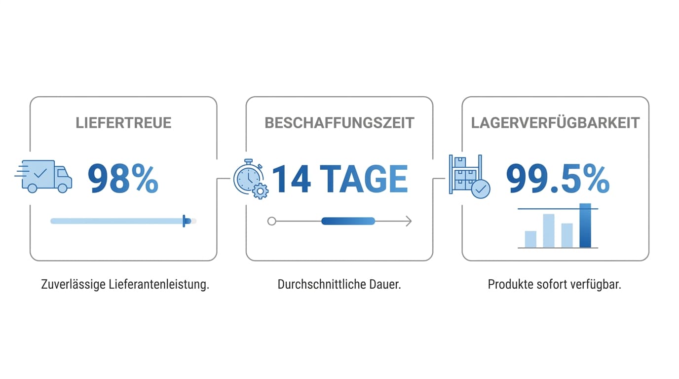 Drei Einkaufs-KPIs als Stat-Boxen: Liefertreue, Wiederbeschaffungszeit und Bestandsverfügbarkeit mit jeweils kurzer Erklärung