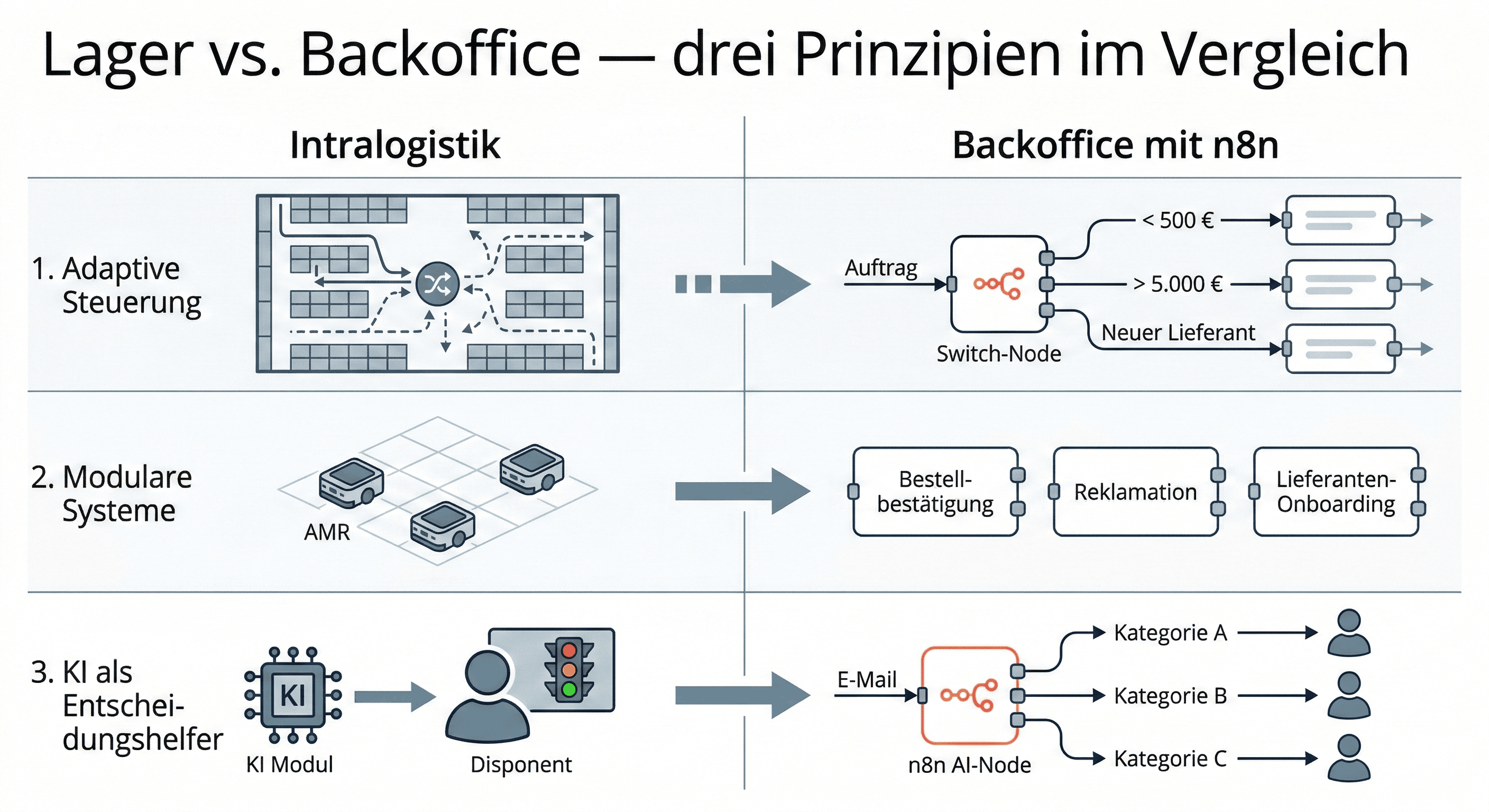 Vergleichsinfografik: Intralogistik-Konzepte links, ihre Entsprechungen im Backoffice mit n8n rechts