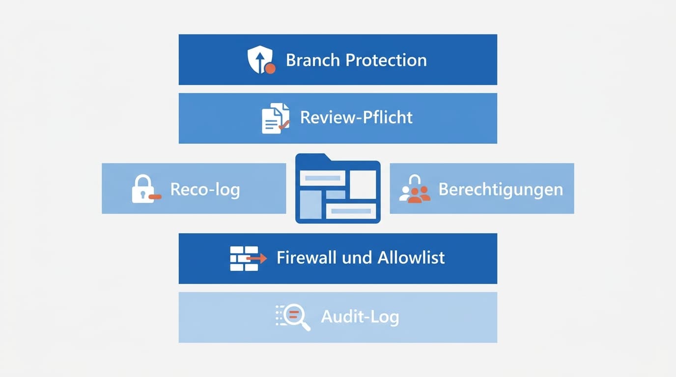 Governance-Ebenen um ein Repository: Branch-Protection, Review-Pflicht, Berechtigungen, Firewall und Audit-Log