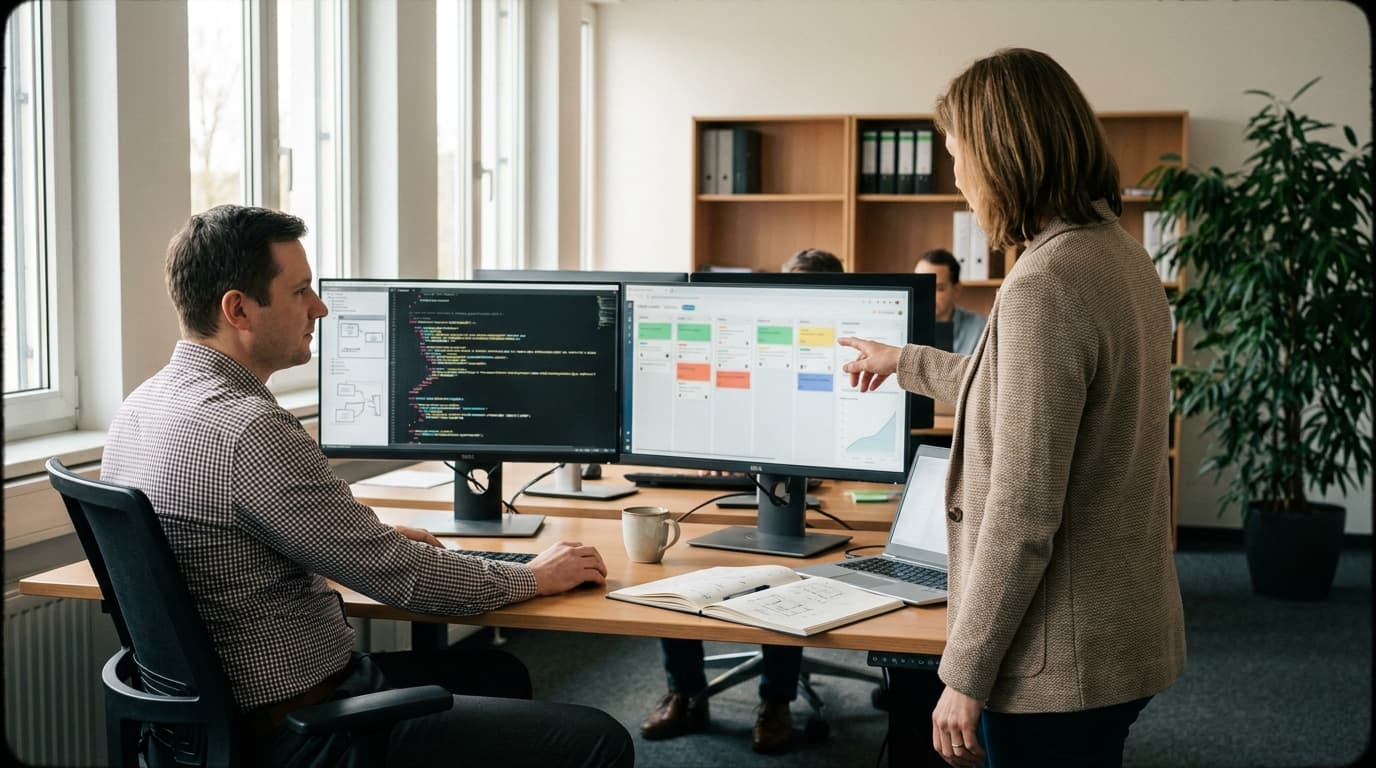 Ein Entwicklerteam im Mittelstand arbeitet mit dem GitHub Copilot Agent an einem Pull Request