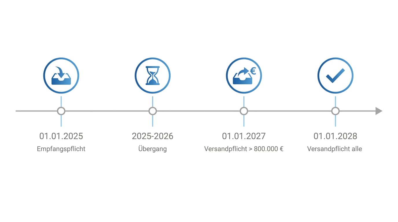 Zeitstrahl der deutschen B2B-E-Rechnungs-Pflicht: Empfangspflicht seit Januar 2025, Übergang bis 2026, Versandpflicht ab 2027 über 800.000 Euro Umsatz, ab 2028 für alle
