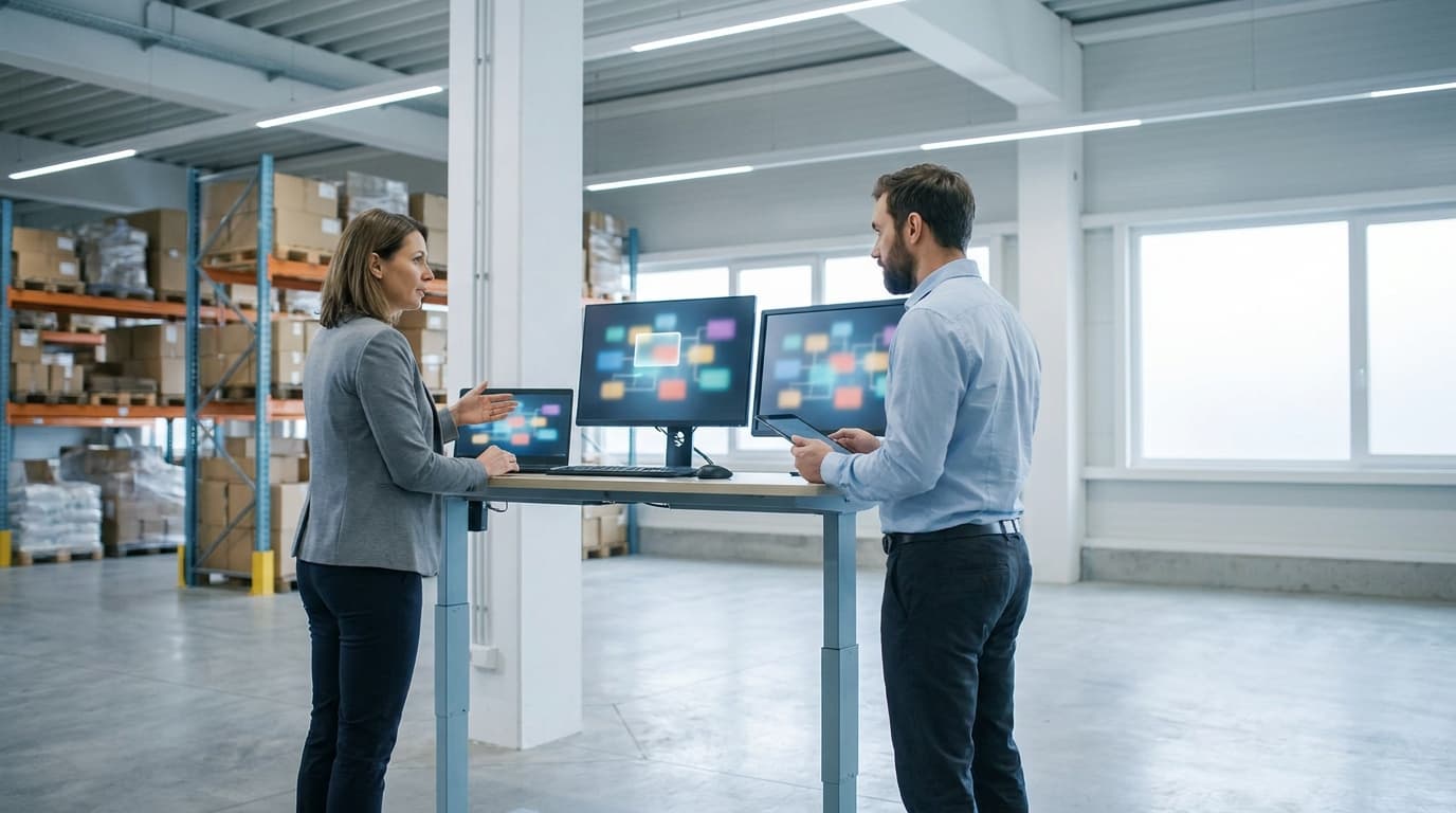 Geschäftsführerin und IT-Leiter eines deutschen Großhandelsbetriebs am Standing-Desk im Lager, am Laptop ist eine Landkarte verschiedener Software-Kategorien zu sehen