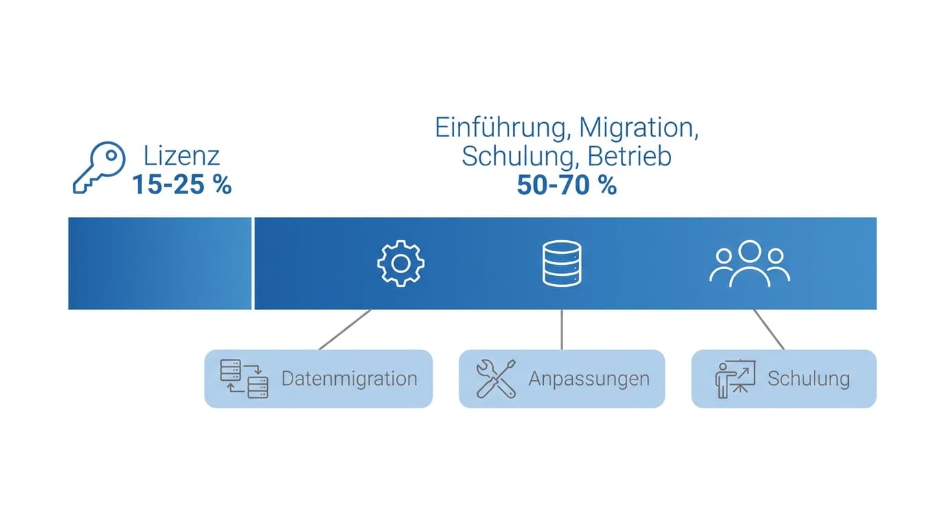 Kostenstruktur eines ERP-Projekts als gestapelter Balken: Lizenz nur 15 bis 25 Prozent, Einführung, Migration, Schulung und Betrieb 50 bis 70 Prozent