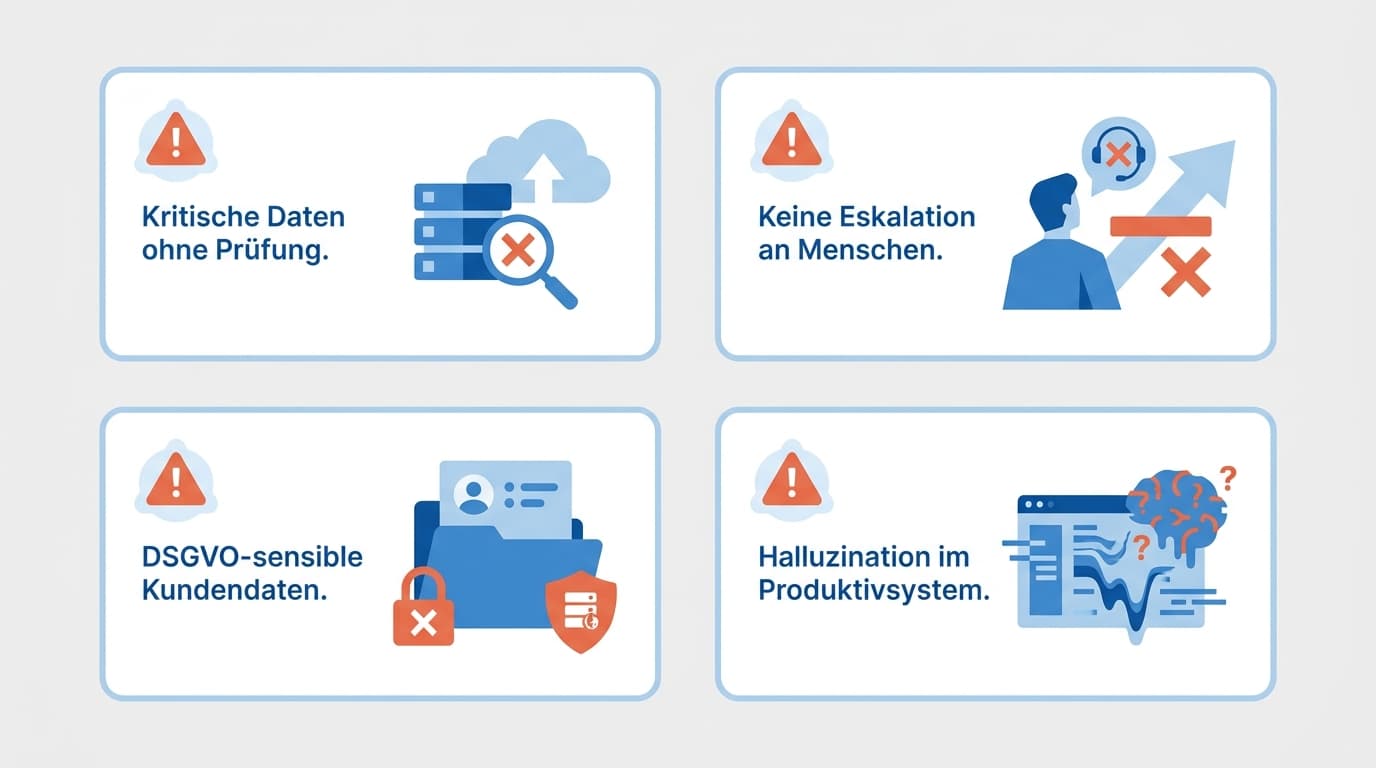 Vier Warnkacheln mit den häufigsten Anti-Patterns bei KI-Agenten: kritische Daten ohne Prüfung, keine Eskalation, DSGVO-sensible Kundendaten und Halluzination im Produktivsystem