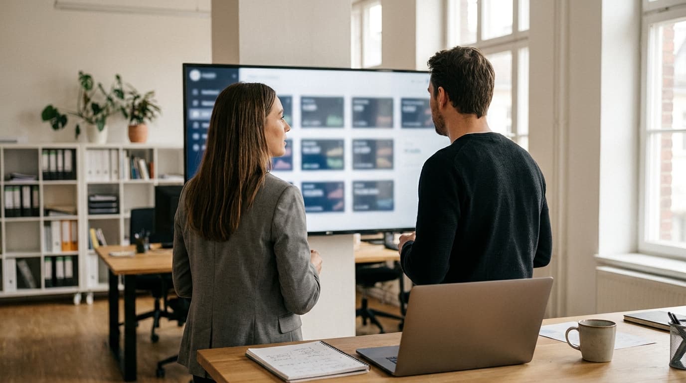 Operations- und IT-Team eines deutschen Großhändlers prüft gemeinsam konkrete KI-Agenten-Beispiele auf einem großen Monitor