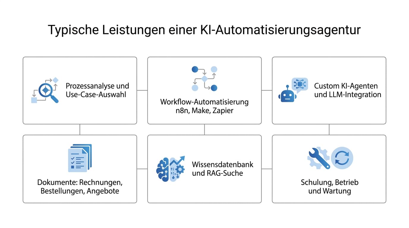 Typische Leistungen einer KI-Automatisierungsagentur als Übersichtsraster