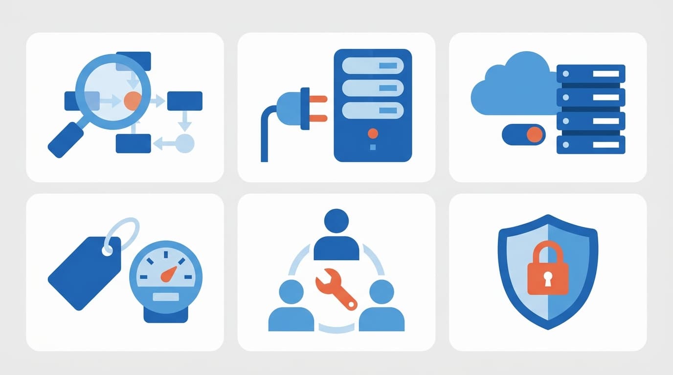 Sechs Auswahlkriterien für KI-Automatisierungstools als Icon-Übersicht