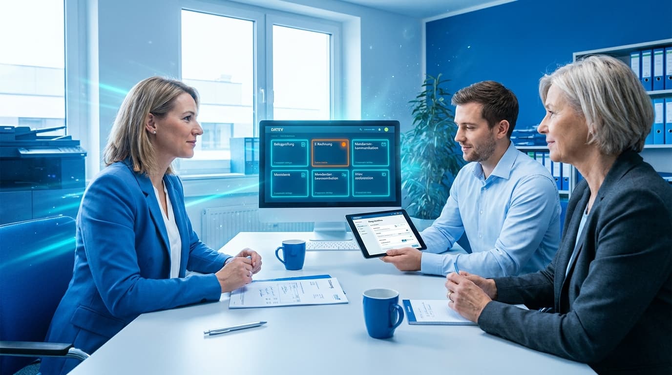 Steuerkanzlei-Team bespricht KI-gestützte Workflows für Belegprüfung, E-Rechnung und Mandantenkommunikation an einem Monitor