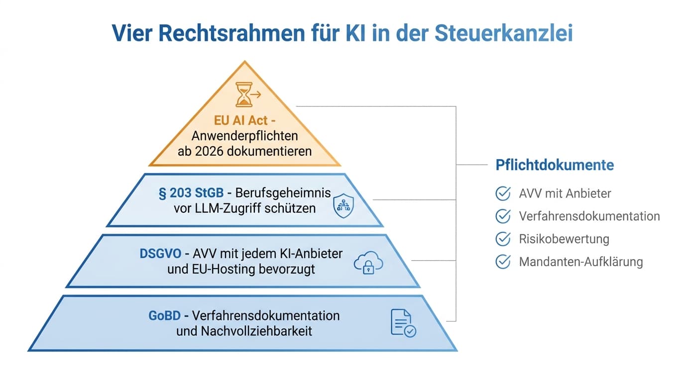Rechtspyramide für KI-Einsatz in deutschen Steuerkanzleien mit GoBD-Fundament, DSGVO, § 203 StGB und EU AI Act