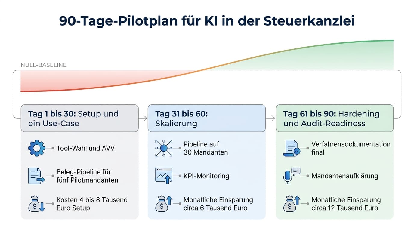 90-Tage-Pilotplan KI in der Steuerkanzlei mit drei Phasen Setup, Skalierung und Hardening sowie kumulativer ROI-Kurve