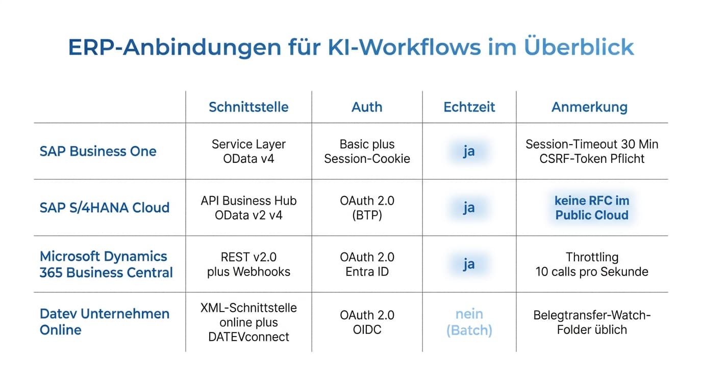 Matrix mit ERP-Anbindungen für KI-Workflows: SAP Business One, S/4HANA, Business Central und Datev