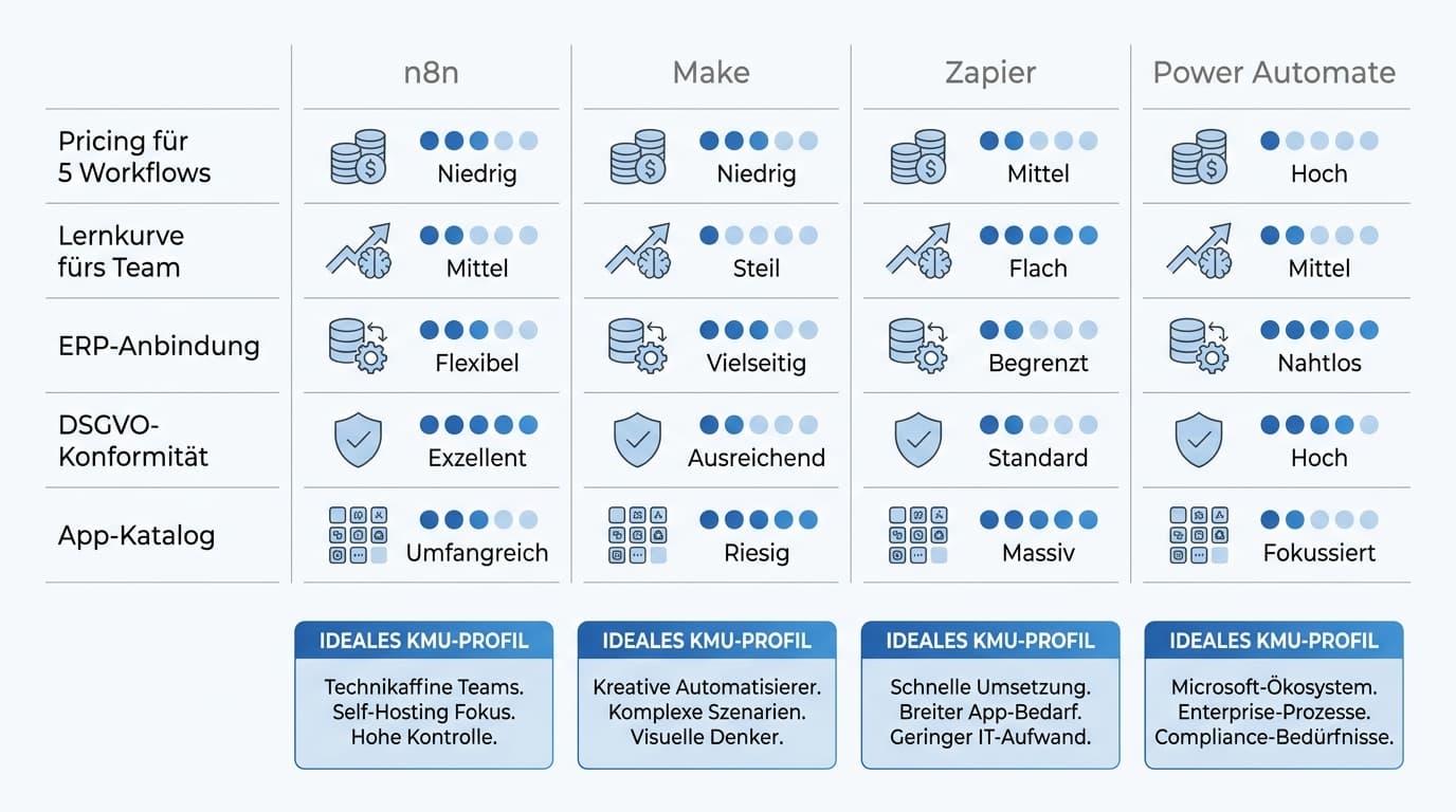 Tool-Vergleich n8n, Make, Zapier, Power Automate für KMU