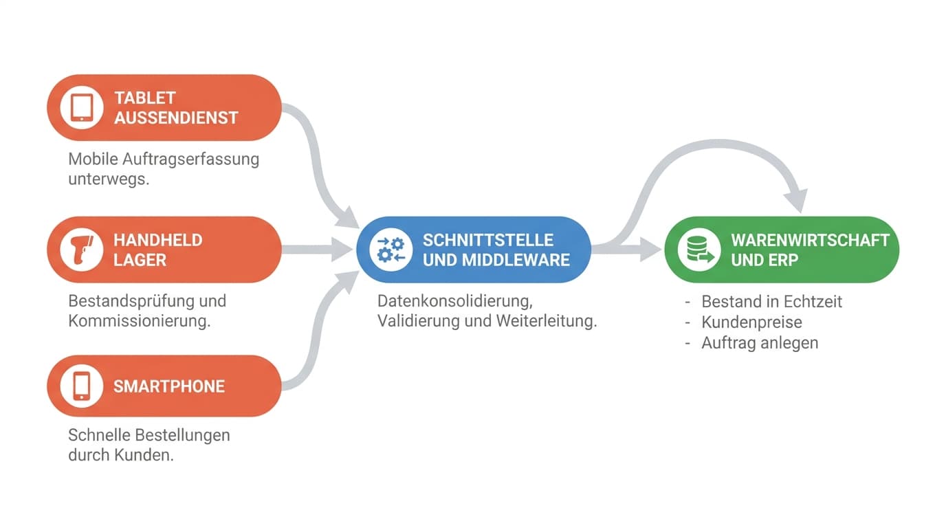 Architektur der mobilen Auftragserfassung: Tablet, Handheld und Smartphone laufen über eine Middleware in die Warenwirtschaft mit Echtzeit-Bestand, Kundenpreisen und Auftragsanlage