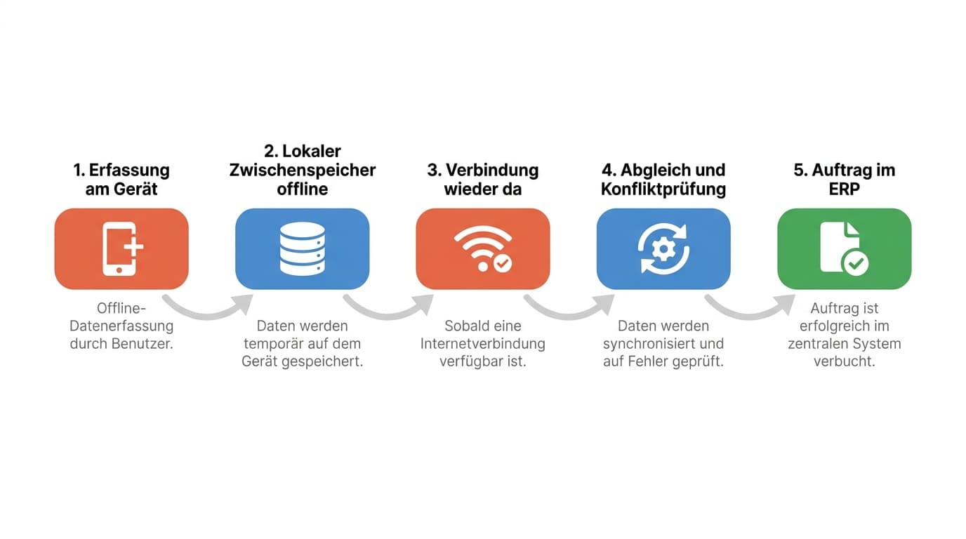 Fünf-Schritt-Pipeline der Offline-Erfassung: Erfassung am Gerät, lokaler Zwischenspeicher, Verbindung wieder da, Abgleich und Konfliktprüfung, Auftrag im ERP