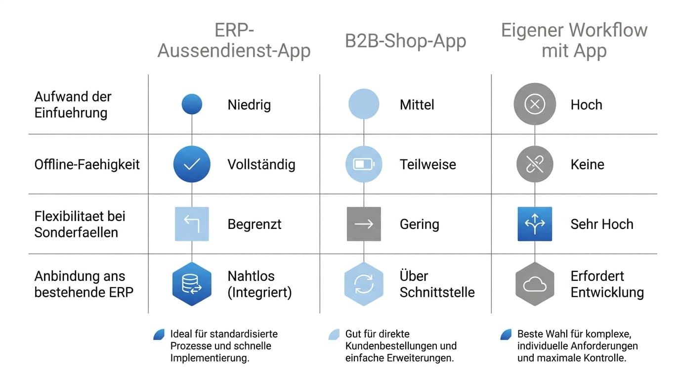Vergleichsmatrix der drei Wege zur mobilen Auftragserfassung im Großhandel nach Einführungsaufwand, Offline-Fähigkeit, Flexibilität und ERP-Anbindung