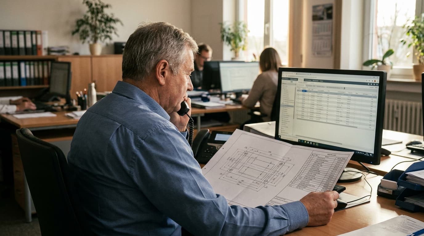 Erfahrener Innendienst-Mitarbeiter im Veredler-Großhandel mit Sonderteil-Zeichnungen und Stücklisten am Schreibtisch