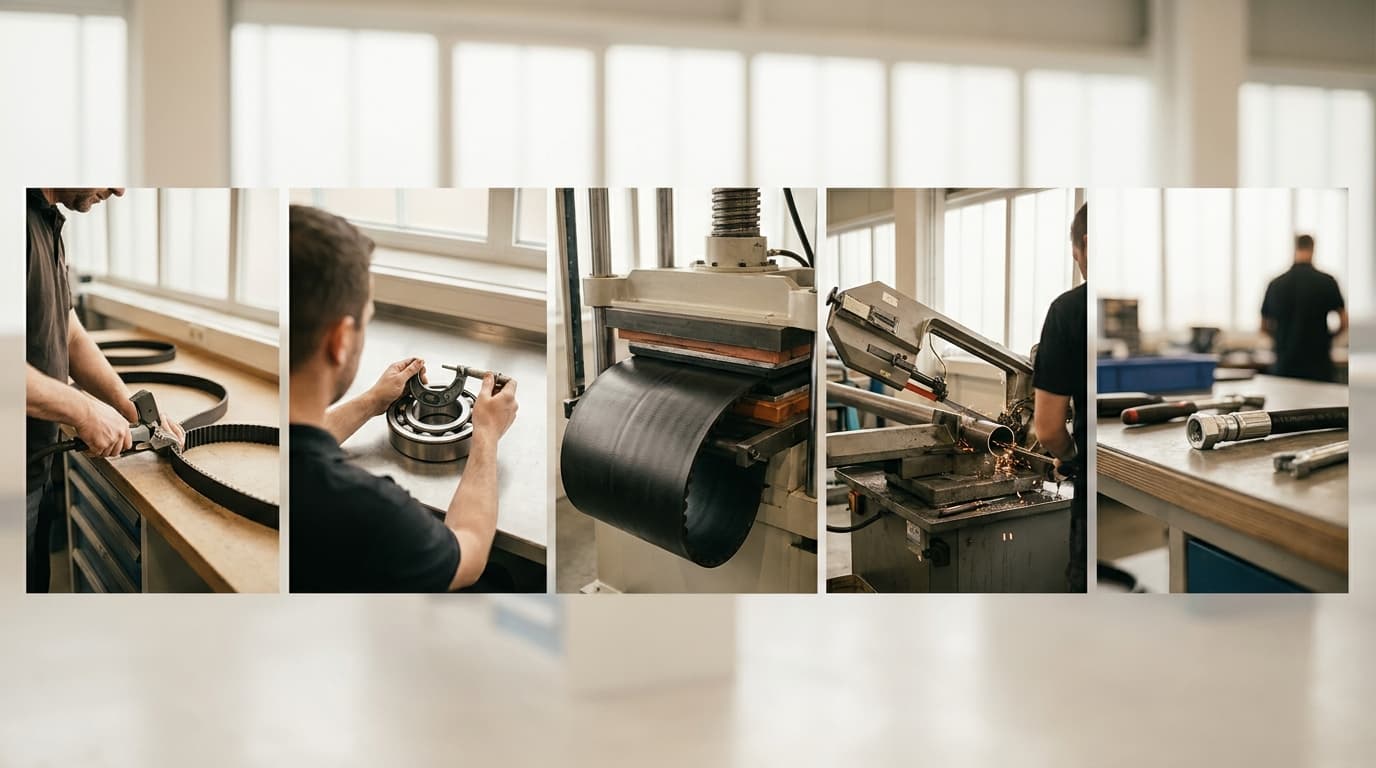 Sortiments-Collage: Riemen-Konfektion, Wälzlager-Engineering, Förderband-Vulkanisation, Stahl-Anarbeitung und Hydraulik-Konfektion im Veredler-Großhandel