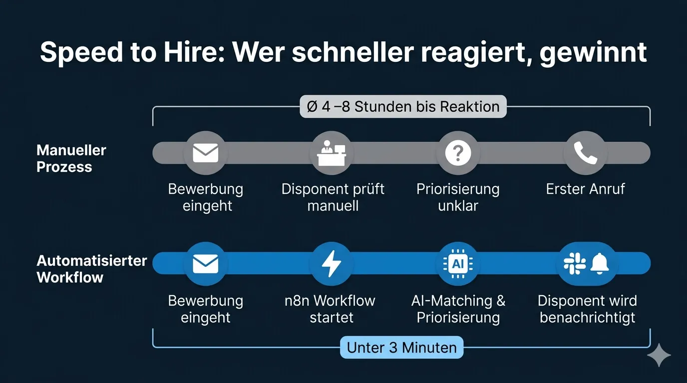Zeitstrahl vom Eingang einer Bewerbung bis zum ersten Kontakt: manuelle Prozesse vs. automatisierter Workflow
