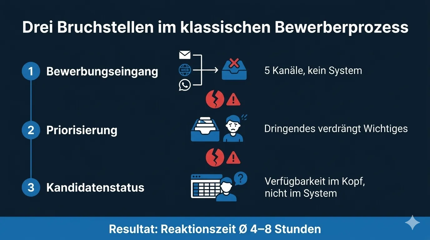 Drei Bruchstellen im klassischen Bewerberprozess: Eingang, Priorisierung, Statusverfolgung
