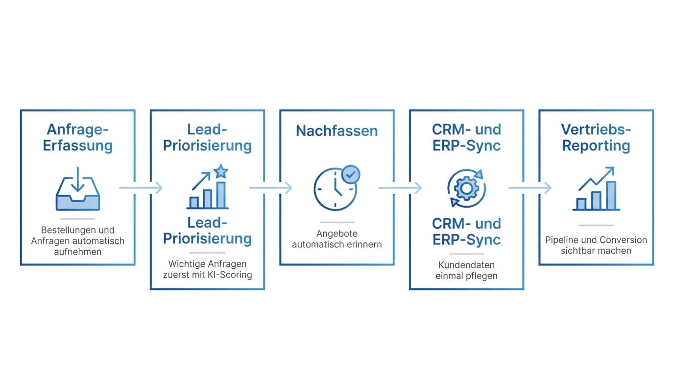 Fünf Hebel der Vertriebsautomatisierung im Großhandel: Anfrage-Erfassung, Lead-Priorisierung, Nachfassen, CRM- und ERP-Sync sowie Vertriebs-Reporting