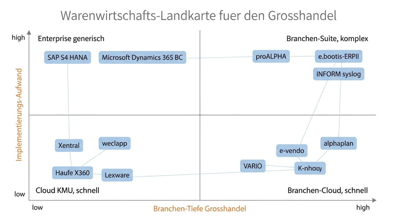 Vier-Quadranten-Landkarte mit Cloud-Mittelstand, Branchen-Cloud, Branchen-Suite und Enterprise-WaWi-Anbietern für den deutschen Großhandel