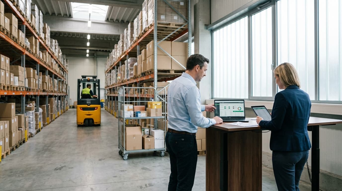 Geschäftsführerin und IT-Leiter eines deutschen Großhandelsbetriebs am Standing-Desk im Lager, Laptop mit ERP-Auftragsübersicht und Shortlist verschiedener WaWi-Anbieter