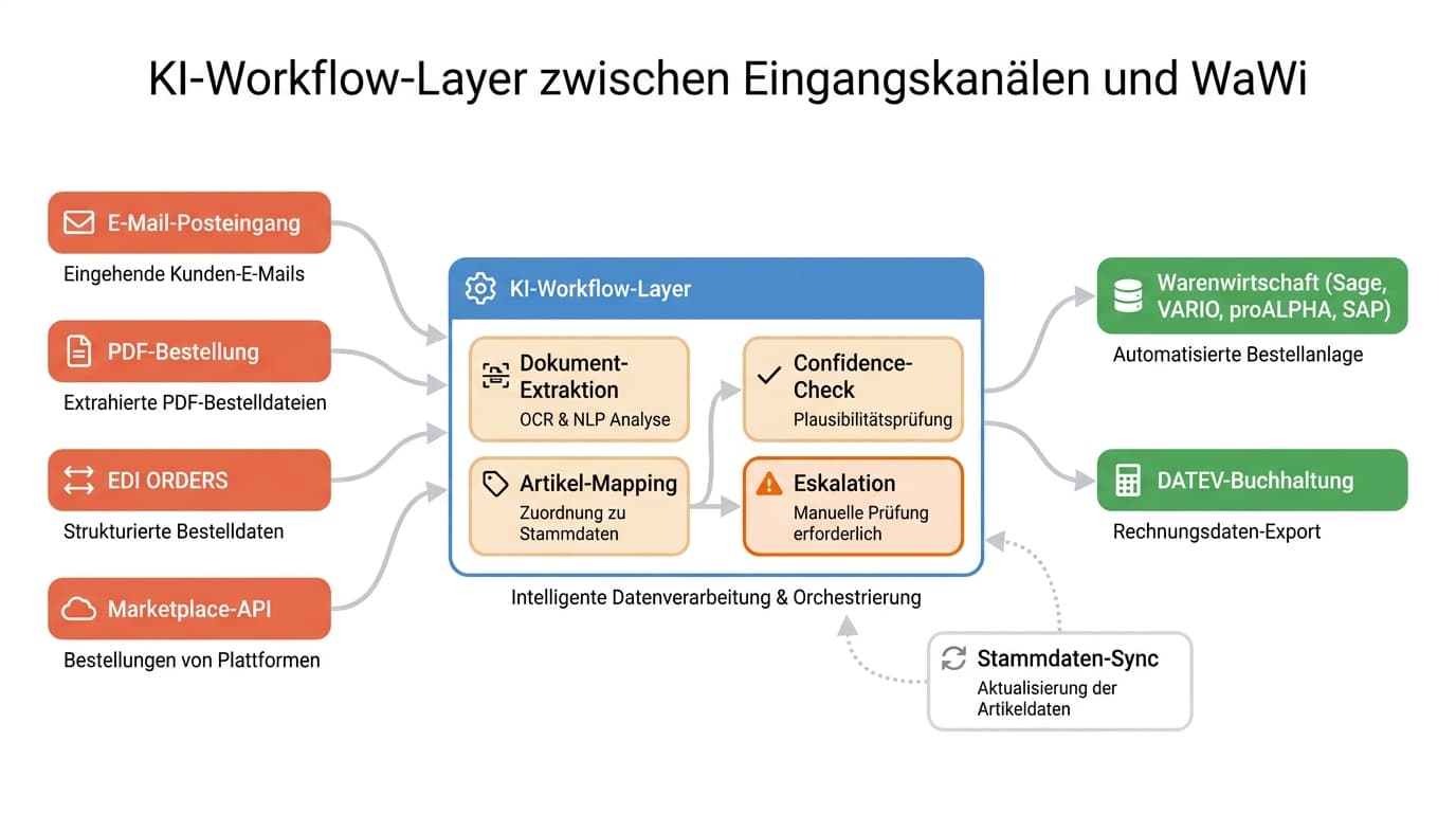 Architektur-Diagramm mit KI-Workflow-Layer zwischen Eingangskanälen und Warenwirtschaft inklusive DATEV-Anbindung