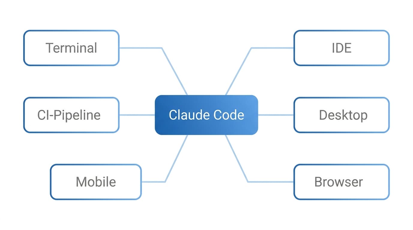 Übersicht der Oberflächen von Claude Code mit Terminal, IDE, Desktop, Browser, Mobile und CI-Pipeline um einen gemeinsamen Kern