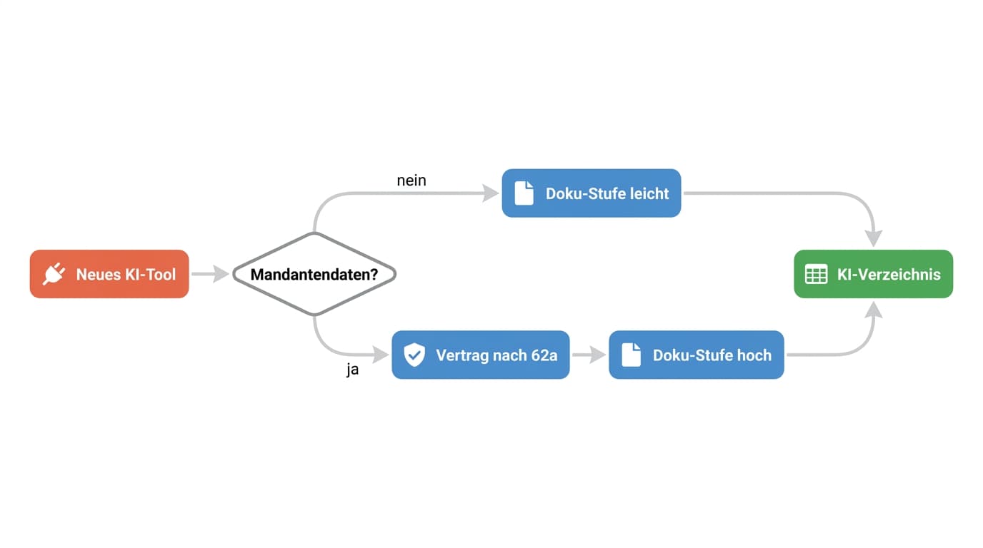Ablaufdiagramm: neues KI-Tool, Prüfung auf Mandantendaten, Vertrag nach Paragraph 62a StBerG, Doku-Stufe und Eintrag im KI-Verzeichnis