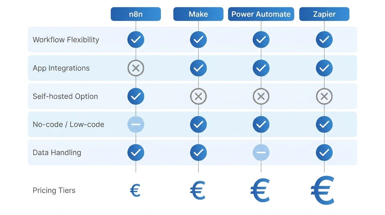 Vergleichstabelle Zapier-Alternativen: n8n, Make, Power Automate, Workato