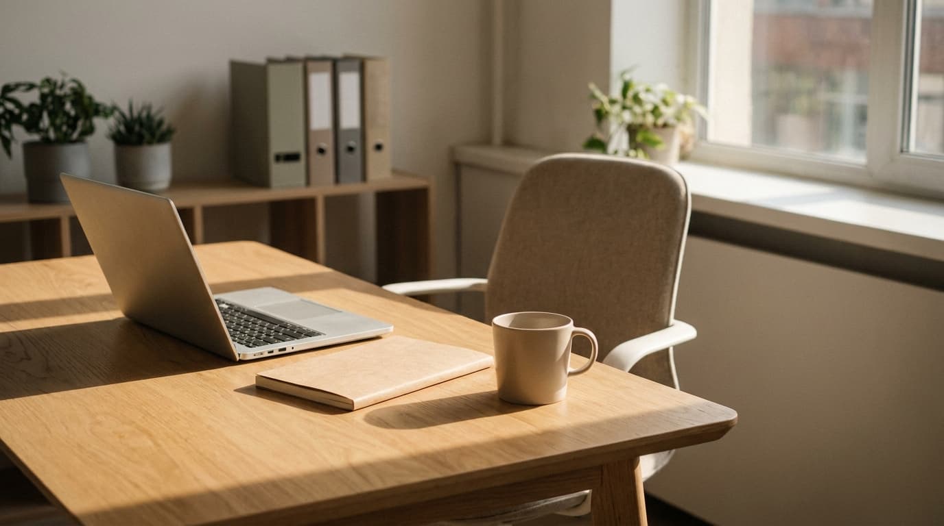 Einzelner aufgeklappter Laptop auf einem schlichten Holzschreibtisch im Morgenlicht, Sinnbild für den Start ohne Budget