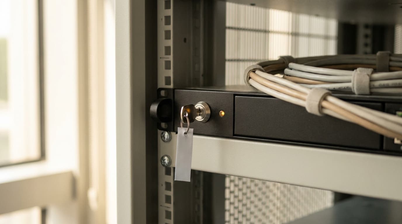Schlüssel im Schloss eines Rack-Servers: n8n auf eigener Hardware, unter eigener Kontrolle